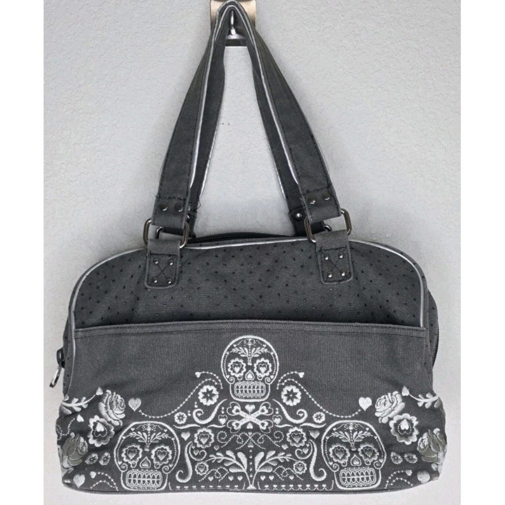 Rare Loungefly Denim Cotton Canvas Floral Sugar Skull Handbag Retired Print Goth
